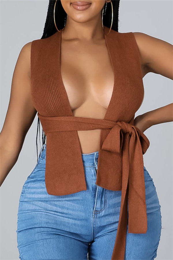 Tops de cuello cuadrado de vendaje sólido sexy de moda marrón