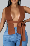 Brown Fashion Sexy Solid Bandage Square Collar Tops