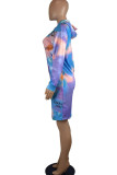 ブルーパープルカジュアルプリントパッチワークフード付きカラーストレートドレス