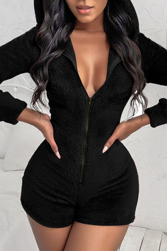 Black Casual Solid Patchwork Zipper Hooded Collar Straight Rompers