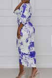 Bleu clair élégant imprimé Tie Dye Patchwork pli asymétrique col en V robes droites