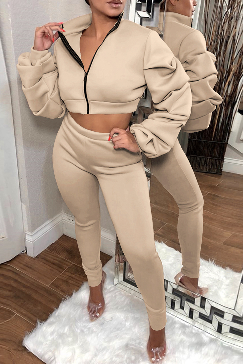 

Apricot Casual Solid Patchwork Turndown Collar Long Sleeve Two Pieces