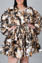 Robes décontractées marron à imprimé patchwork avec boucle et col en V