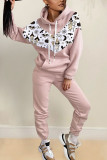 Rose Red Casual Print Patchwork Hooded Collar Long Sleeve Two Pieces