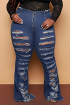 Темно-синие повседневные однотонные рваные джинсы большого размера