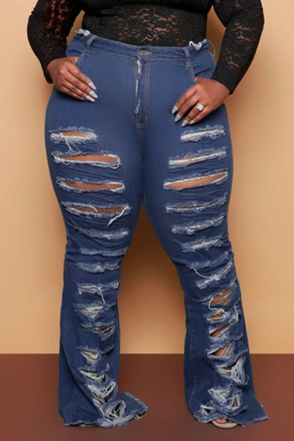 Donkerblauwe casual effen gescheurde grote maat jeans