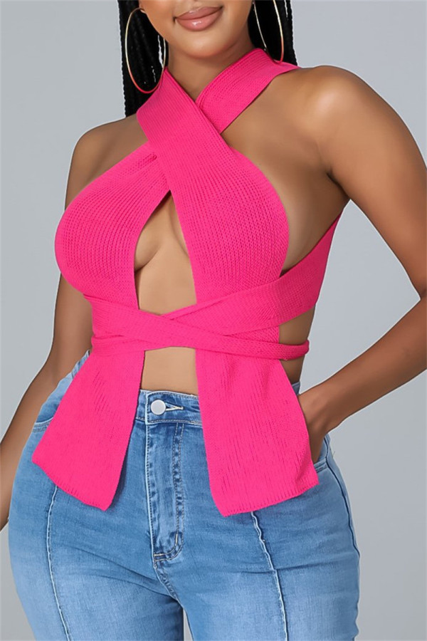 Tops de cuello cuadrado de vendaje sólido sexy de moda roja rosa