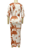 Lila, eleganter Aufdruck, Batik-Patchwork-Falten, asymmetrisches, gerades Kleid mit V-Ausschnitt