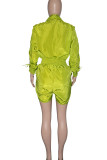 Fluorescent Green Casual Solid Patchwork Draw String Pocket Frenulum Fold Zipper Collar Straight Rompers