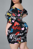 Zwarte straatprint patchwork rits off-shoulder bedrukte jurkjurken