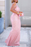 Розовое модное сексуальное вечернее платье без рукавов большого размера в стиле пэчворк с круглым вырезом