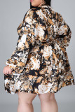 Bruine casual print patchwork gesp V-hals bedrukte jurkjurken