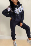 Baby Blue Casual Print Patchwork Hooded Collar Long Sleeve Two Pieces