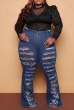 Babyblå Casual Solid Ripped Plus Size Jeans
