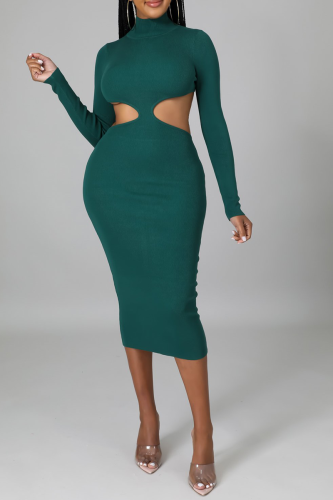 Ink Green Sexy Solid Hollowed Out Half A Turtleneck Pencil Skirt Dresses
