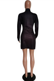 Black Fashion Casual Print Patchwork Zipper Collar Long Sleeve Dresses