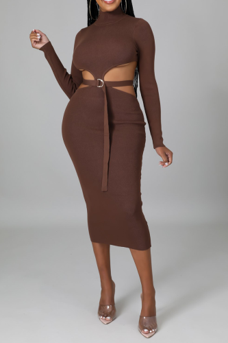 Coffee Sexy Solid Hollowed Out Half A Turtleneck Pencil Skirt Dresses