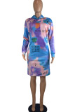 Blue Purple Casual Print Patchwork Hooded Collar Straight Dresses