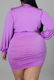 Светло-фиолетовые сексуальные однотонные лоскутные платья с воланами и V-образным вырезом с длинными рукавами больших размеров