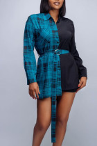 Peacock Blue Casual Plaid Print Split Joint Buckle With Belt Turndown Collar Tops