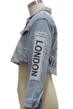 Blå Casual Print Tofs Turndown-krage Långärmad vanlig jeansjacka