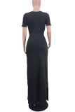Black Elegant Solid Hollowed Out Patchwork Slit V Neck Straight Dresses