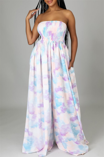 Purplish Blue Fashion Sexy Print Backless Strapless Regular Jumpsuits