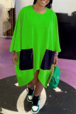 グリーン ファッション カジュアル パッチワーク ポケット非対称 O ネック長袖ドレス