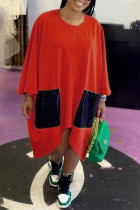 Rode mode casual patchwork zak asymmetrische O-hals jurken met lange mouwen