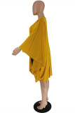 黄色のファッション カジュアルなパッチワーク ポケット非対称 O ネック長袖ドレス