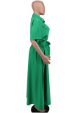Vestido verde moda casual sólido com cinto gola virada para baixo