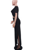 Black Elegant Solid Hollowed Out Patchwork Slit V Neck Straight Dresses