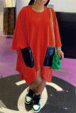 Красные модные повседневные лоскутные карманные асимметричные платья с круглым вырезом и длинными рукавами