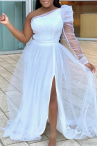 Witte mode sexy effen rugloze spleet schuine kraag lange mouw plus size jurken