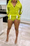 Fluorescent Green Casual Solid Patchwork Draw String Pocket Frenulum Fold Zipper Collar Straight Rompers