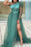 グリーンファッションセクシーなソリッドバックレススリット斜め襟長袖プラスサイズのドレス