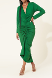 Green Sexy Solid Patchwork V Neck Pencil Skirt Dresses