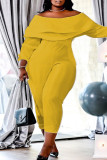 Macacão amarelo moda casual sólido patchwork sem costas ombro a ombro plus size