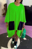 グリーン ファッション カジュアル パッチワーク ポケット非対称 O ネック長袖ドレス