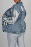 Blaue, sexy, einfarbige Pailletten-Langarm-Jeansjacke mit Umlegekragen