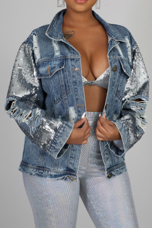 Blue Sexy Solid Sequins Turndown Collar Long Sleeve Regular Denim Jacket