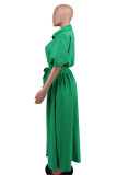 Grönt mode Casual Solid med bälte turndown krage skjortklänning