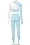 Blue Sexy Sportswear Patchwork Hollowed Out Backless Asymmetrical One Shoulder Long Sleeve Two Pieces