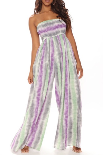 Purple Fashion Sexy Print Backless Strapless Regular Jumpsuits
