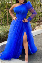Blauwe mode sexy effen rugloze split schuine kraag lange mouw plus size jurken