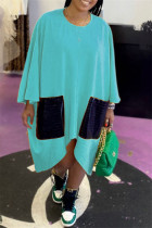 Голубые модные повседневные лоскутные карманные асимметричные платья с круглым вырезом и длинными рукавами