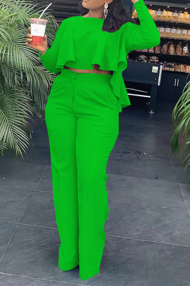 

Green Casual Solid Flounce O Neck Long Sleeve Two Pieces
