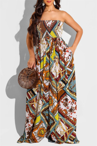 Multicolor Fashion Sexy Print Backless Strapless Regular Jumpsuits