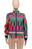 Colour Fashion Street Striped Print Patchwork Zipper Zipper Collar Outerwear
