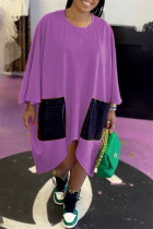 Púrpura moda casual patchwork bolsillo asimétrico o cuello manga larga vestidos